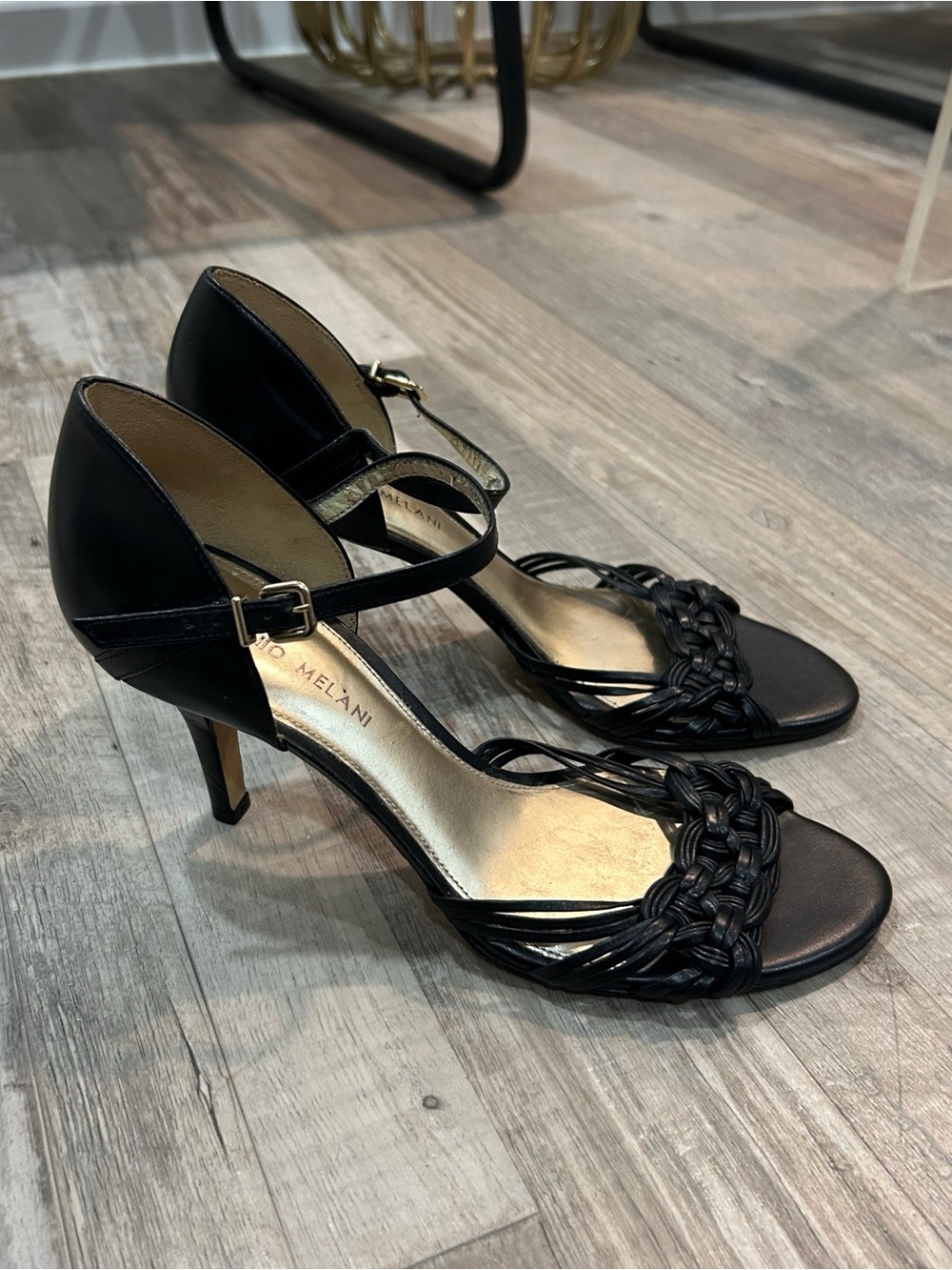 Antonio Melani Black Leather Braided Strappy Open Toe Ankle Strap Heels Size 8.5